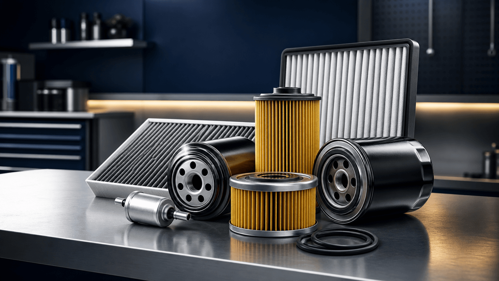 Automotive oil, cabin, air, and fuel filters arranged on a steel workbench